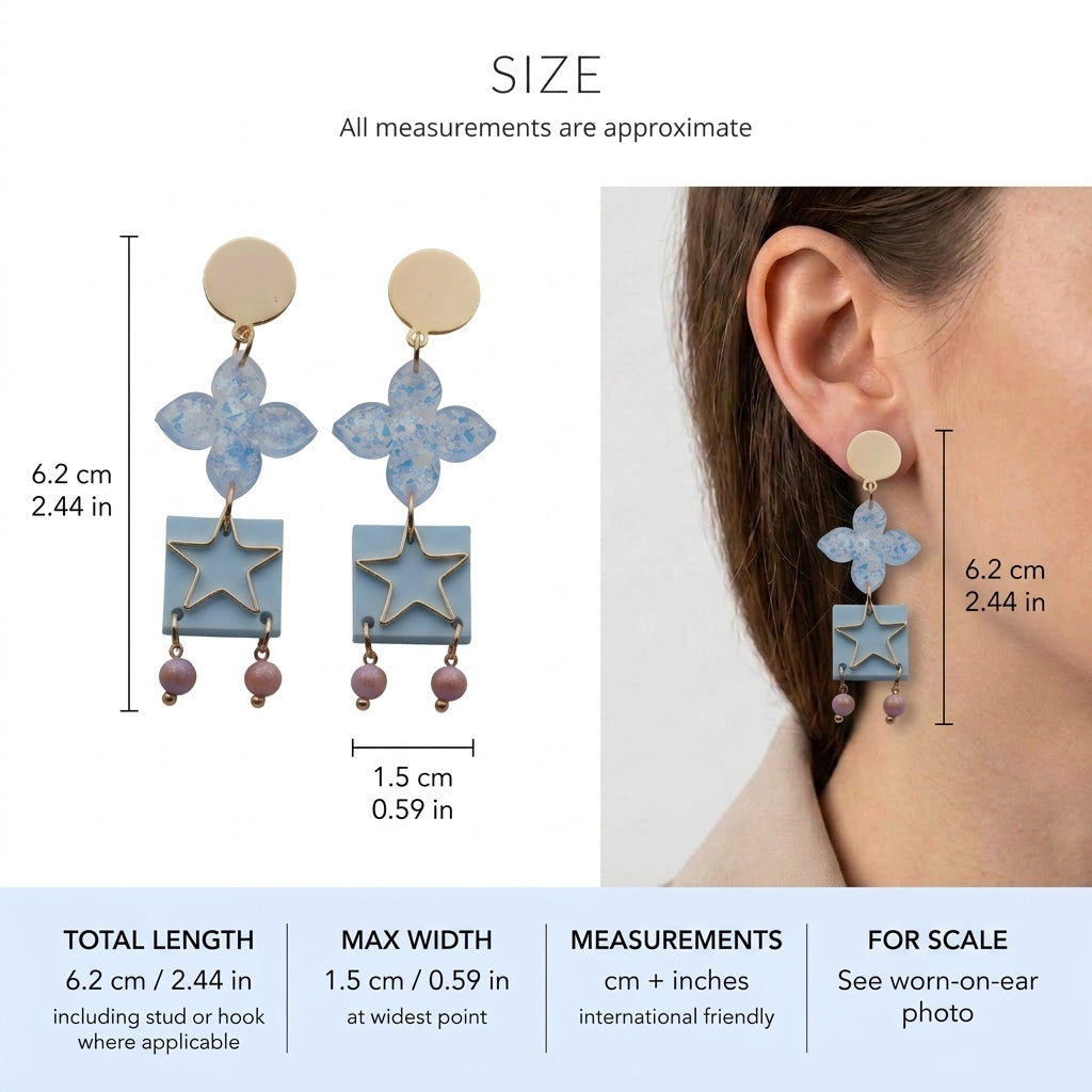 Rose floral star drop earrings size guide showing 6.2 × 1.5 cm
