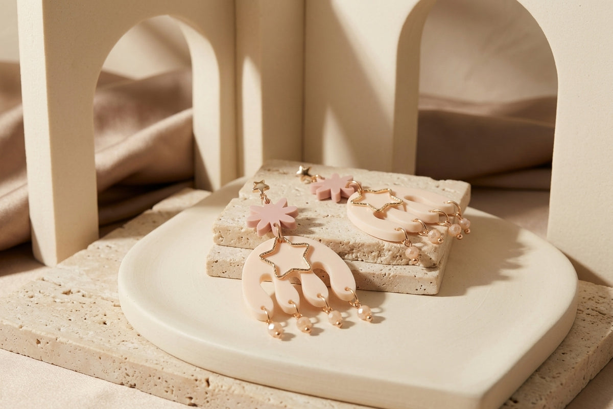 Beige Saar large flower statement earrings in a styled product setting