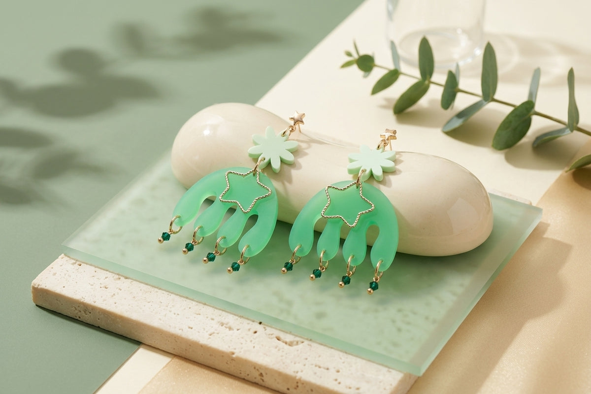 Green Saar large flower statement earrings in a styled product setting