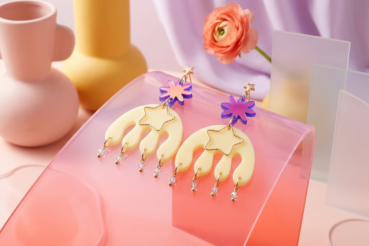 HB Saar large flower statement earrings in a styled product setting