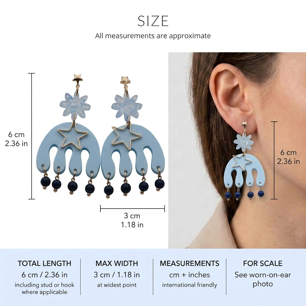 Saar large flower statement earrings size guide showing 6 × 3 cm