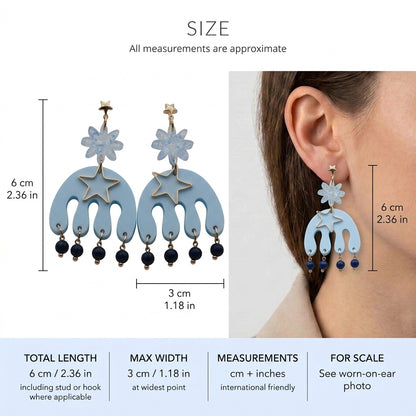 Saar large flower statement earrings size guide showing 6 × 3 cm