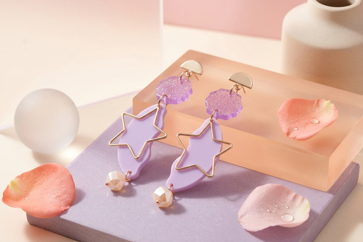 Purple Sara long star dangle earrings in a styled product setting