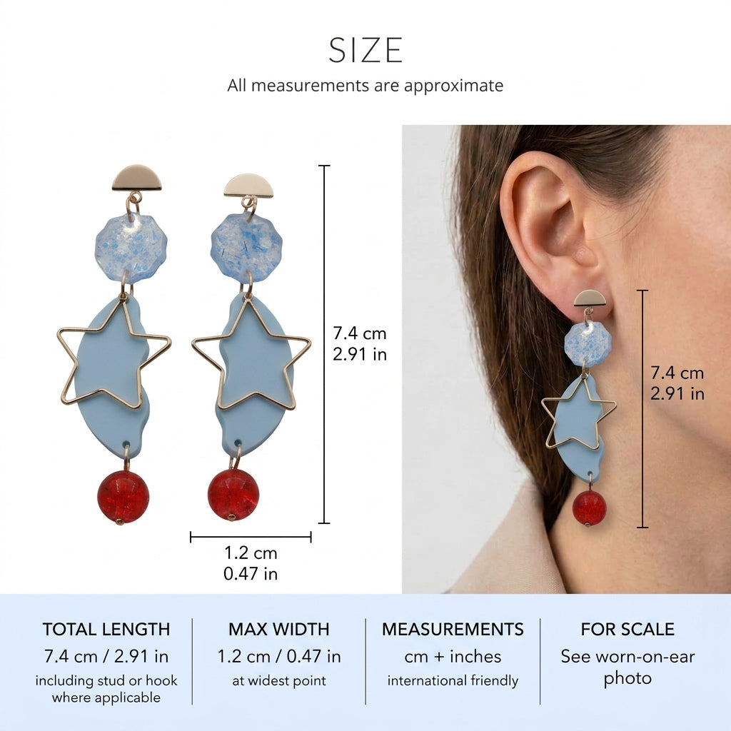 Sara long star dangle earrings size guide showing 7.4 × 1.2 cm