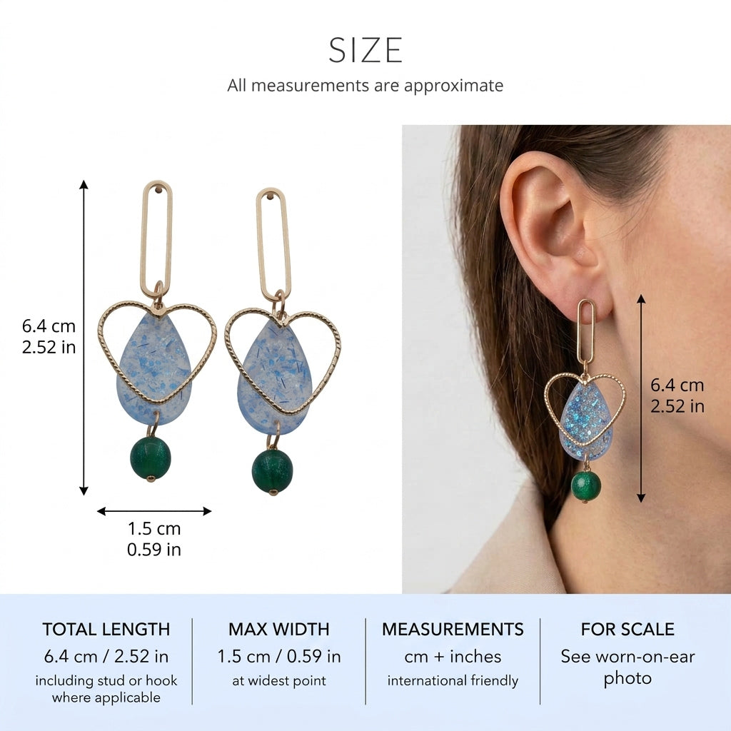 Sofia heart teardrop dangle earrings size guide showing 6.4 × 1.5 cm