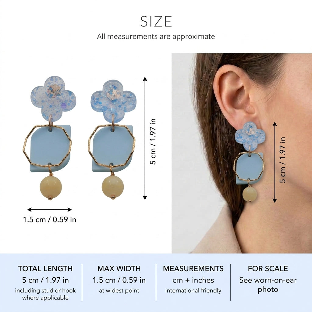 Zoe floral geometric drop earrings size guide showing 5 × 1.5 cm